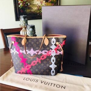 Authentic Louis Vuitton Monogram Bay Neverfull MM Rose Ballerine Poppy